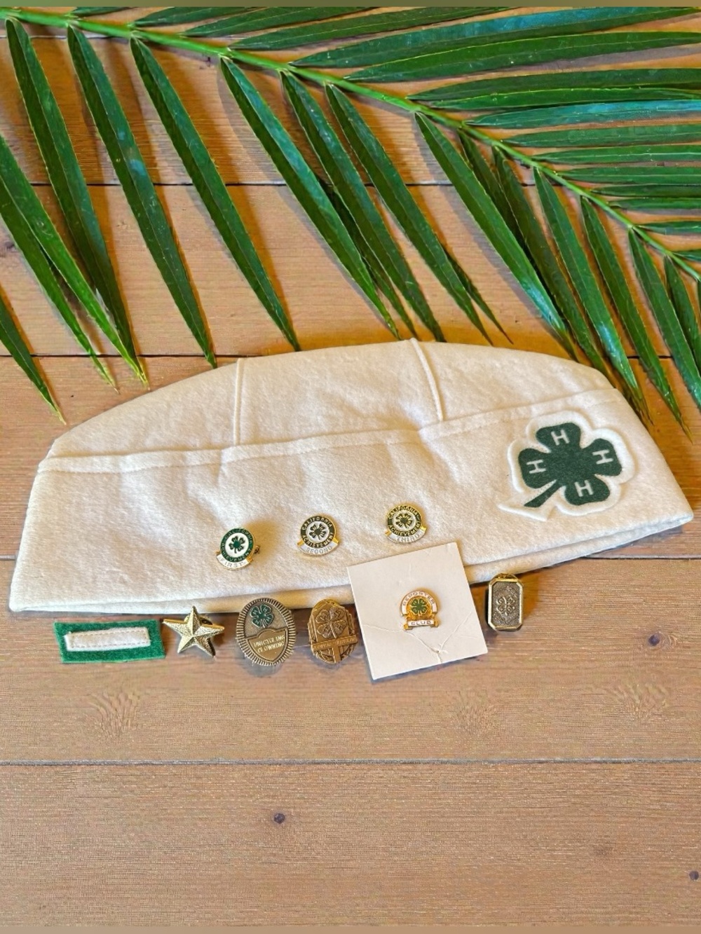 Vintage 4-H Club Pin & Achievement Badge Lot w/ White Felt Hat